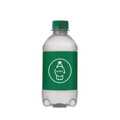 330 ml natural spring water in an R-PET bottle with screw cap. Can colour green.