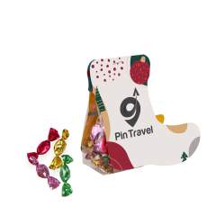 Transparent bag with full colour printed paper sock, willed with approx. 50 gram metallic sweets