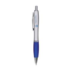 Blue or black ink ballpoint pen with coloured non-slip grip and metal clip.