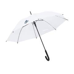 Umbrella with automatic telescopic opening. Features a 190T polyester canopy, fibreglass frame, metal stem, velcro closure and a classic curved handle.