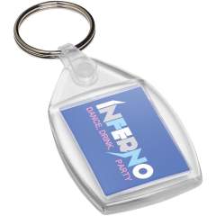 Clear P6 keychain with a metal split keyring and dynamic plastic clip. The plastic clip attachment offers a flat profile which is ideal for mailings. Print insert dimensions: 3,5 cm x 2,4 cm.