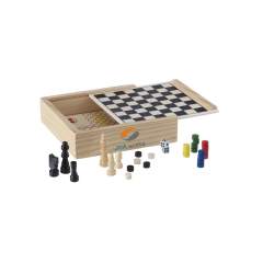 5 classic games in a wooden box. Incl. instructions. Each piece in a protective cardboard sleeve.