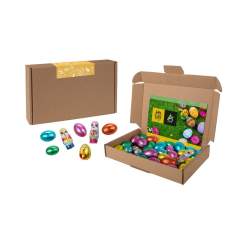 Brown carton box with full colour printed sticker and A6 size card, filled with approx. 250 gram happy chocolate Easter mix