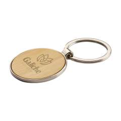 Circular, polished metal and bamboo keyring. A sturdy design. Each item is supplied in an individual brown cardboard envelope.