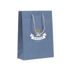 WoW! Sturdy gift bag (size M) made from recycled paper with jeans fibres (180 g/m²). Due to using recycled jeans fabrics, the shade of blue can differ per bag. The blue colour gives the bag a trendy look. The bag has two short jute carrying loops, a folded bottom and a side fold. Suitable for all kinds of promotional purposes. No trees are cut down for the production of this bag.