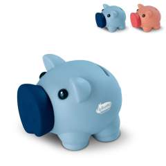 Small piggy bank made of plastic. From 5,500 pieces custom colors possible.