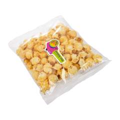 Transparent bag filled with approx. 30 gram popcorn (sweet or salt), including full colour sticker on the front