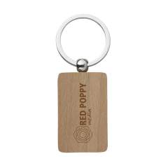 Rectangular, solid beech wooden keychain with sturdy keyring. Each item is supplied in an individual brown cardboard envelope.