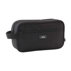 WoW! Large toiletry bag with zipper. Made from 600D RPET: recycled material made from PET bottles. With carrying strap and front pocket with zipper. The metal label on the front makes this product ideal for personalisation.