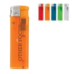 An electronic refillable translucent lighter. Child-resistant.