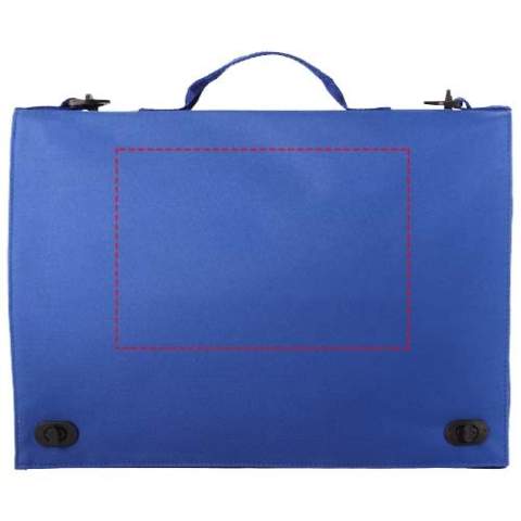 Conference bag with handle, adjustable shoulder strap, buckle closure and several document pockets.