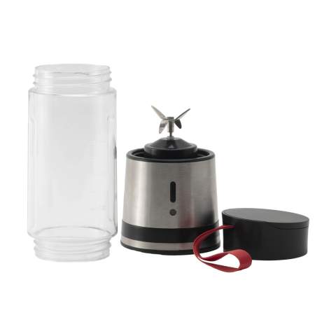 Rechargeable, wireless smoothie maker (125W) for daily use. The reservoir can be filled up to a maximum of 300 ml. With screw lid, 4 sharp knives, handy carrying loop and non-slip bottom. BPA-free. With this blender you can quickly make a healthy smoothie or shake wherever and whenever you want. With indicator light and USB-C connection. Includes rechargeable 1500 mAh battery, USB charging cable (type-C) and user manual. Each item is individually boxed.