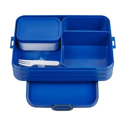 Bento lunch box from Mepal. This lunch box has two separate compartments, as well as an extra box with a fork. This lunch box is robust in design with a close-fitting lid. The lid is fitted with a sealing ring ensuring that the contents remain fresh for a long period of time. The bento containers in the lunch box can be used in the microwave, without the lid. A very high-quality product, this lunch box has a capacity of 1.5ltrs and is suitable for storing up to 8 sandwiches. BPA Free and Food Approved, with a 2-year Mepal factory warranty. Made in Holland.   STOCK INFORMATION: Up to 1,000 pieces available within 10 working days. Reservations and exceptions apply.