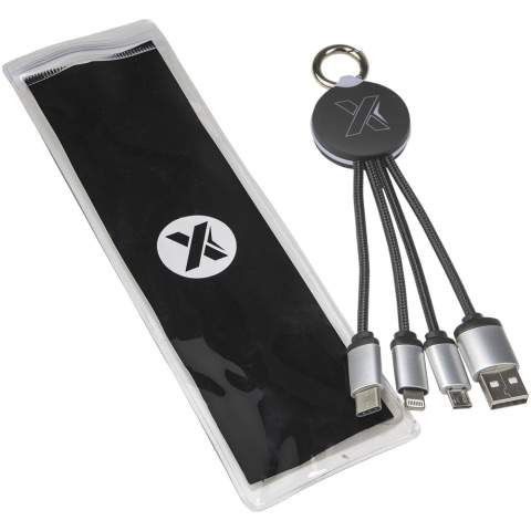 Light-up logo charging cable with rubber and metal finish fitted with three connectors (Type-C, Android, iPhone). Up to three devices can be charged simultaneously. Length of cables (including plugs): 10 cm. Recycled PET plastic cable and packaging is made of recycled paper and recycled plastic.