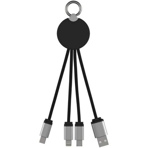 Light-up logo charging cable with rubber and metal finish fitted with three connectors (Type-C, Android, iPhone). Up to three devices can be charged simultaneously. Length of cables (including plugs): 10 cm. Recycled PET plastic cable and packaging is made of recycled paper and recycled plastic.