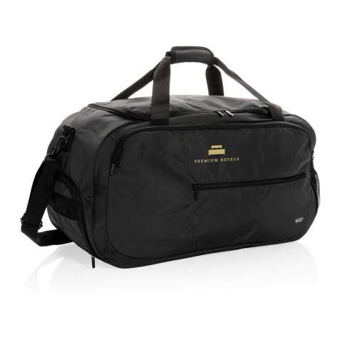 The Swiss Peak AWARE™ RPET modern sports duffle is the perfect companion for a visit to the gym or a short break. With a big easy access opening you can find your essentials at a glance. Zipper front pocket and 2 outer mesh pockets. The duffel has straps that let you carry it any way that feels best. The duffle exterior and lining is made with 100% recycled polyester. With AWARE™ tracer that validates the genuine use of recycled materials. Each bag has reused 31.5 0.5L PET bottles. 2% of proceeds of each product sold  with AWARE™ will be donated to Water.org.<br /><br />PVC free: true