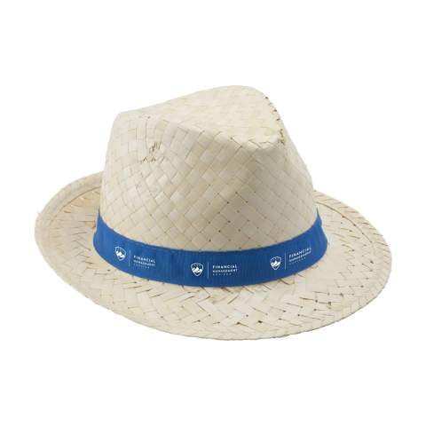 Braided straw hat made of natural materials: seagrass and palm leaf. Stylish protection against the sun. This summer hat is perfect for festivals, events, beach days and countless other summer adventures. Personalise the polyester strap with a unique design in full colour. Available in standard size 58. A must-have for every sunny day. Made in Spain.