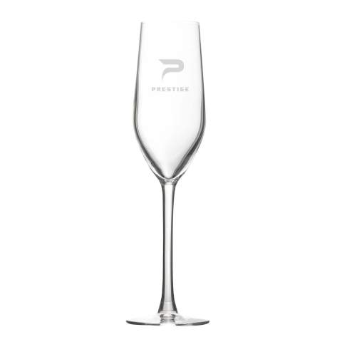 Elegant Champagne flute on a hight foot. Made from clear glass with a very thin 1.1 mm edge. Capacity 160 ml. Made in Europe.