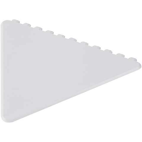 Triangular-shaped windshield scraper with a large decoration area. Each of the 3 sides can be used to remove ice from the windshield. Made in the UK from recycled plastic. The ice scraper has a speckled finish due to the nature of the recycled material.