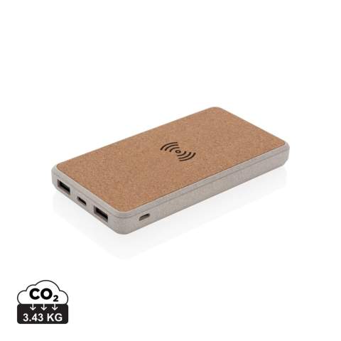 8000 mAh draadloze powerbank met 5W draadloze oplader bovenop. De bovenzijde is gemaakt van natuurlijke kurk en de behuizing is gemaakt van 35% tarwestro gemengd met ABS. Input zowel mogelijk via micro-USB als type C. Als deze volledig is opgeladen, krijgt u voldoende energie om uw mobiele telefoon tot vier keer op te laden. De powerbank bevat een duurzame grade A lithium-polymeerbatterij van 8.000 mAh. De Led lampjes geven het resterende energieniveau aan, zodat u altijd weet wanneer u moet opladen. Draadloos opladen compatibel met alle QI-compatibele apparaten zoals de nieuwste generatie Android, iPhone 8, 8S en X. Micro-ingang 5V / 2A Type-C-ingang 5V / 2A USB-uitgang 5V / 2,1A. Draadloze uitgang 5W 5V / 1A. Artikel en accessoires 100% PVC-vrij.<br /><br />WirelessCharging: true<br />PowerbankCapacity: 8000<br />PVC free: true