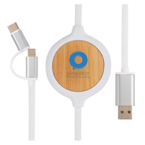 Uniek bamboe 3 in 1 oplaadkabel met geïntegreerde 5W draadloze oplader. De 100 cm lange kabel is gemaakt van PVC-vrij TPE-materiaal. Met type C en dubbelzijdige connector voor IOS- en Android-apparaten die micro-usb vereisen. Met geïntegreerde 5W draadloze oplader om uw apparaat eenvoudig op te laden op het oplaadoppervlak. Ingang: 5V / 2A. 9V / 2A. Draadloze output: 5V1A, 9V / 1.1A. Kabel output: max 5V/1A<br /><br />WirelessCharging: true