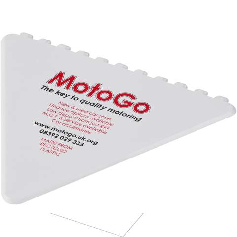 Triangular-shaped windshield scraper with a large decoration area. Each of the 3 sides can be used to remove ice from the windshield. Made in the UK from recycled plastic. The ice scraper has a speckled finish due to the nature of the recycled material.