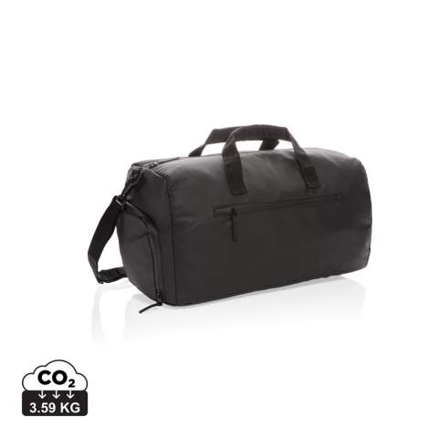 Be effortlessly stylish when carrying this all black PU weekend bag. This bag holds a roomy compartment for all your gear for a short break. Cabin approved size. PVC free.<br /><br />PVC free: true