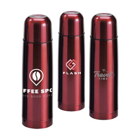 Vacuum-insulated, stainless steel thermo bottle with screw cap/drinking cup and handy press and pour system. Leak proof. Capacity 500 ml. Each item is individually boxed.