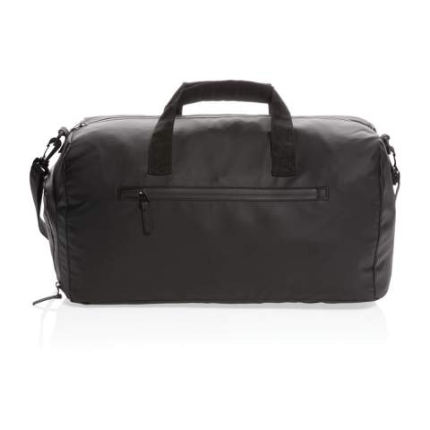 Be effortlessly stylish when carrying this all black PU weekend bag. This bag holds a roomy compartment for all your gear for a short break. Cabin approved size. PVC free.<br /><br />PVC free: true