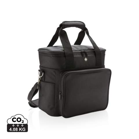 Deluxe 1680D and 600D polyester cooler bag with extra-large zipped main compartment and front sleeved pocket. Fits up to 20 cans. Double reinforced carrying handles. Removable adjustable shoulder strap.