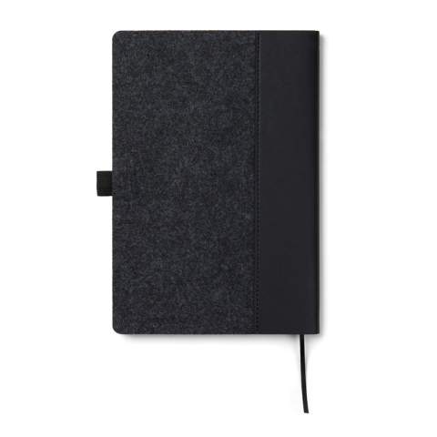 A5 notebook elegantly crafted from recycled felt, boasting a mélange effect and an integrated pen holder. Containing 80 sheets or 160 pages of 70 gsm recycled paper, its lined pages are ideal for any note-taking needs. Certified by GRS (Global Recycled Standard), GRS certification guarantees that the entire supply chain of the recycled materials is certified. The total recycled content is based on the overall product weight. This product contains 83% GRS-certified recycled paper and 7% GRS-certified recycled felt.<br /><br />NotebookFormat: A5<br />NumberOfPages: 160<br />PaperRulingLayout: Lined pages