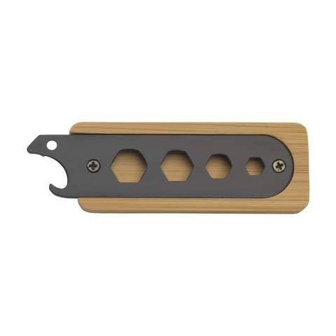 Handy multi-tool with a stainless steel bottle opener with a bamboo handle and 4 flat wrenches in various sizes.