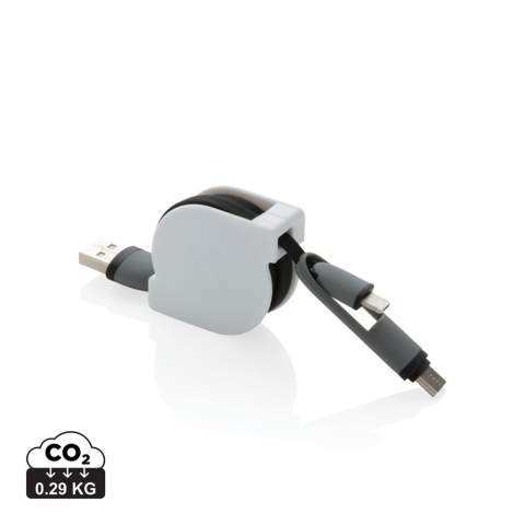 Compact and retractable 3 in 1 charging cable with type C and double-sided connector for IOS and Android devices that require micro usb. Because of the retractable mechanism the 100 cm long flat cable can easily be taken anywhere without it getting tangled. ABS case with TPU material cable. Also suitable for syncing.