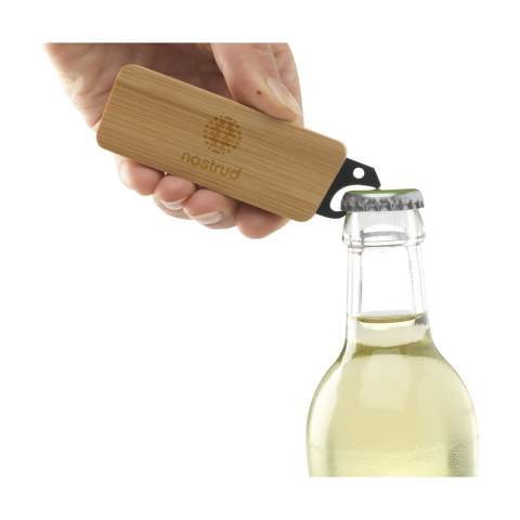 Handy multi-tool with a stainless steel bottle opener with a bamboo handle and 4 flat wrenches in various sizes.