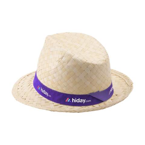 Braided straw hat made of natural materials: seagrass and palm leaf. Stylish protection against the sun. This summer hat is perfect for festivals, events, beach days and countless other summer adventures. Personalise the polyester strap with a unique design in full colour. Available in standard size 58. A must-have for every sunny day. Made in Spain.