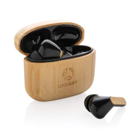 Bamboo true wireless earbuds and case. The earbuds and charging case are made with RCS (Recycled Claim Standard) certified recycled ABS and FSC® 100% bamboo. Total recycled content: 23% based on total item weight. RCS certification ensures a completely certified supply chain of the recycled materials. The perfectly fitting earbuds have a 40 mAh battery and can be re-charged in the 400 mAh charging case within 1 hour. With auto pairing function so easy to pair to your mobile device. Playing time on medium volume about 14 hours. With BT 5.3 for optimal connection. Operating distance up to 10 metres. With pick up and mic. Including 3 size silicone ear tips. Including RCS certified recycled TPE charging cable. Packed in FSC® mix kraft packaging. Item and accessories 100% PVC free.<br /><br />HasBluetooth: True<br />PVC free: true