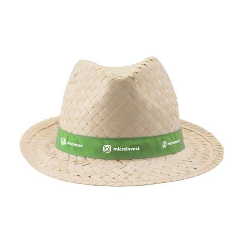 Braided straw hat made of natural materials: seagrass and palm leaf. Stylish protection against the sun. This summer hat is perfect for festivals, events, beach days and countless other summer adventures. Personalise the polyester strap with a unique design in full colour. Available in standard size 58. A must-have for every sunny day. Made in Spain.