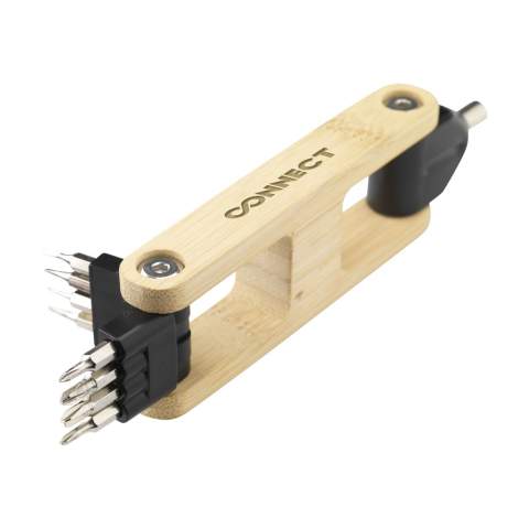 9-piece screwdriver bit set with a robust bamboo frame. Includes magnetic bit holder and 8 steel tools: 4 cross-head screwdriver bits and 4 slot screwdriver bits. A compact and practical set that you can easily carry with you. Each item is supplied in an individual brown cardboard box.