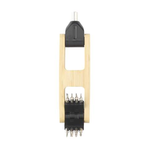 9-piece screwdriver bit set with a robust bamboo frame. Includes magnetic bit holder and 8 steel tools: 4 cross-head screwdriver bits and 4 slot screwdriver bits. A compact and practical set that you can easily carry with you. Each item is supplied in an individual brown cardboard box.