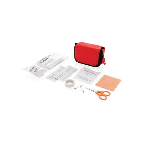 Pouch with one front pocket, one black zipped main compartment and belt loop on reverse side of pouch. Content: triangle bandage, PBT bandage, alcohol pad, plasters, scissors, pin and tape, conform EN 13485:2003.