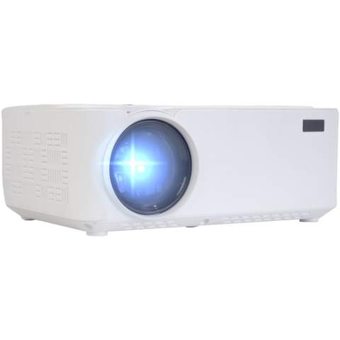 Projector with 800x480 resolution and a projection distance of up to 5 meters. Lamp with an output of up to 2.800 lumens. White LED light 40 ANSI lumens. Contrast 500:1. LED bulb with more than 50.000 hours of reproduction. Projection from 30 to 150 inches. Can be connected to all types of devices with HDMI connection. Playback of video, audio, photo and text. Inputs: VGA, 2xHDMI, USB2.0, Micro-SD card and AV IN. Includes 2 stereo speakers and a remote control. Delivered with a luxury gift box.