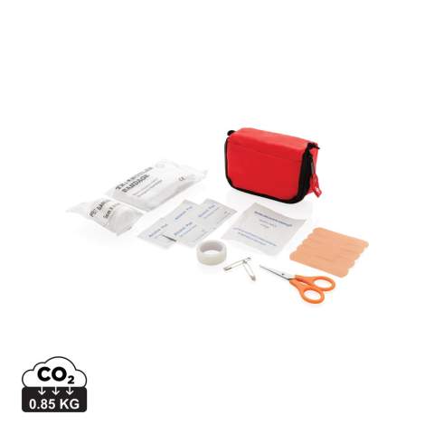 Pouch with one front pocket, one black zipped main compartment and belt loop on reverse side of pouch. Content: triangle bandage, PBT bandage, alcohol pad, plasters, scissors, pin and tape, conform EN 13485:2003.