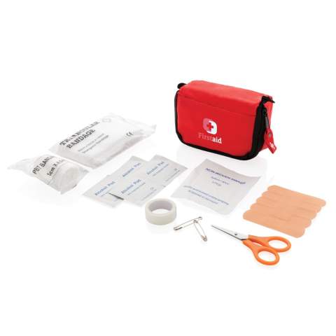 Pouch with one front pocket, one black zipped main compartment and belt loop on reverse side of pouch. Content: triangle bandage, PBT bandage, alcohol pad, plasters, scissors, pin and tape, conform EN 13485:2003.