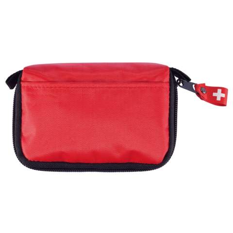 Pouch with one front pocket, one black zipped main compartment and belt loop on reverse side of pouch. Content: triangle bandage, PBT bandage, alcohol pad, plasters, scissors, pin and tape, conform EN 13485:2003.