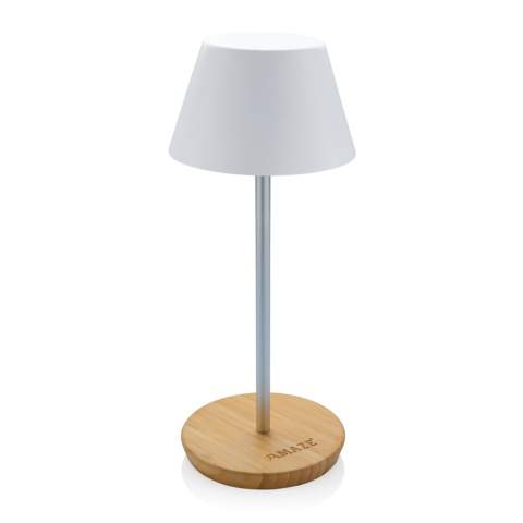 Luxury table lamp made with RCS certified recycled ABS plastic, recycled aluminum and FSC certified 100% bamboo . Total recycled content: 40% based on total item weight. RCS certification ensures a completely certified supply chain of the recycled materials. The table lamp will operate up 18 hours on one single charge and can be re-charged in 2 hours. With a-grade 1800 mAh battery and type C input ( 5V/1A) With two modes (warm light and white light) that can be adjusted by touch sensor in the base. Rechargeable via USB-C. Packed in FSC® mix packaging. IPX 4 waterproof.<br /><br />Lightsource: LED<br />LightsourceQty: 24<br />PVC free: true