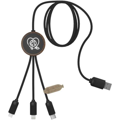 3-in-1 verlengde oplaadkabel van gerecycled PET met oplichtend logo en ronde bamboe behuizing. Het oplichtende logo is aan beide kanten zichtbaar. Voorzien van 3 connectoren (type C, micro USB, iPhone) en een dubbele USB-connector voor universeel gebruik. Geleverd in een TPU zakje, met een kaart van kraftpapier. Kabellengte: 1 meter. Inclusief 3 jaar garantie.