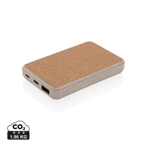 5000 mAh powerbank in zakformaat. De bovenzijde is gemaakt van natuurlijk kurk en de behuizing is gemaakt van 35% tarwestro gemengd met ABS. Als deze volledig is opgeladen, heeft u genoeg energie om uw mobiele telefoon tot drie keer op te laden. De powerbank bevat een duurzame grade A 5.000 mAh lithium-polymeerbatterij. De stroomindicatoren geven het resterende energieniveau aan, zodat u altijd weet wanneer u moet opladen. Type-C-ingang 5V / 2A Micro-USB-ingang 5V / 2A. Uitgang 5V / 2A. Artikel en accessoires 100% PVC-vrij.<br /><br />PowerbankCapacity: 5000<br />PVC free: true