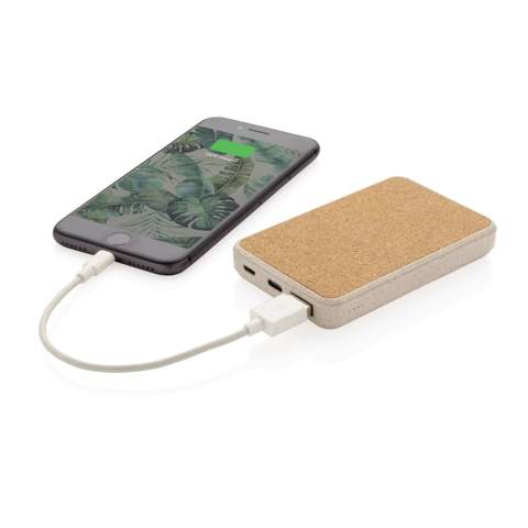 5000 mAh powerbank in zakformaat. De bovenzijde is gemaakt van natuurlijk kurk en de behuizing is gemaakt van 35% tarwestro gemengd met ABS. Als deze volledig is opgeladen, heeft u genoeg energie om uw mobiele telefoon tot drie keer op te laden. De powerbank bevat een duurzame grade A 5.000 mAh lithium-polymeerbatterij. De stroomindicatoren geven het resterende energieniveau aan, zodat u altijd weet wanneer u moet opladen. Type-C-ingang 5V / 2A Micro-USB-ingang 5V / 2A. Uitgang 5V / 2A. Artikel en accessoires 100% PVC-vrij.<br /><br />PowerbankCapacity: 5000<br />PVC free: true