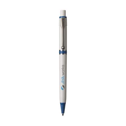 Stylo à encre bleue de la marque Stilolinea®, avec accents de couleur, clip et anneaux en métal. Fabriqué en Italie.