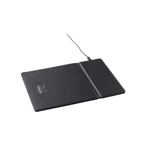 Multifunctional, wireless 10W charger mousepad. The sustainable exterior of this modern mousepad is made from recycled PU. You can efforlessly navigate your mouse and charge your smartphone on this cork mouse pad. Can also be used as a phone stand. Compatible with all mobile devices that support QI wireless charging (newest generations Android and iPhone). Includes USB-C charging cable. Input: DC5V-2.0A. Output: Type-C charging port. Wireless output 10W.  RCS-certified. Total recycled material: 30%. Includes user manual. Each item is supplied in an individual brown cardboard box.